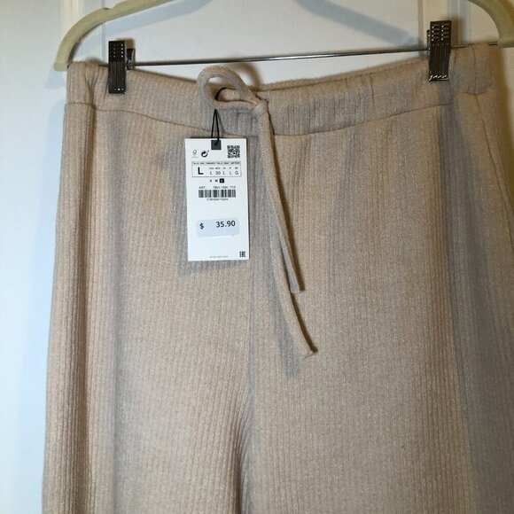 Zara Wide Leg Knit Draw String Elastic Pants Tan Size L NWT - Picture 9 of 9